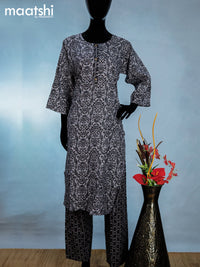 Rayon readymade kurti set grey and black with allover prints & simple neck pattern and straight cut pant