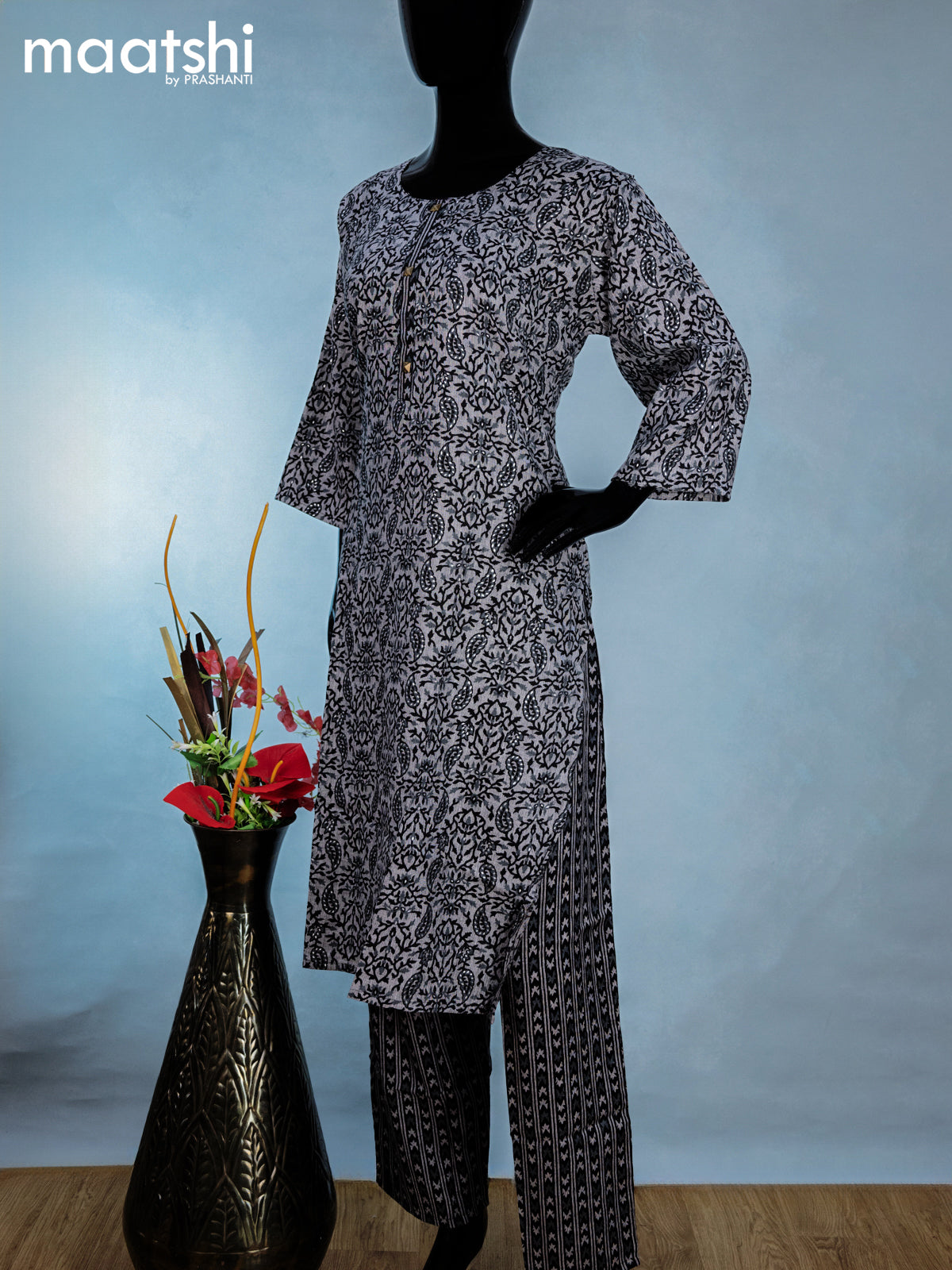 Rayon readymade kurti set grey and black with allover prints & simple neck pattern and straight cut pant