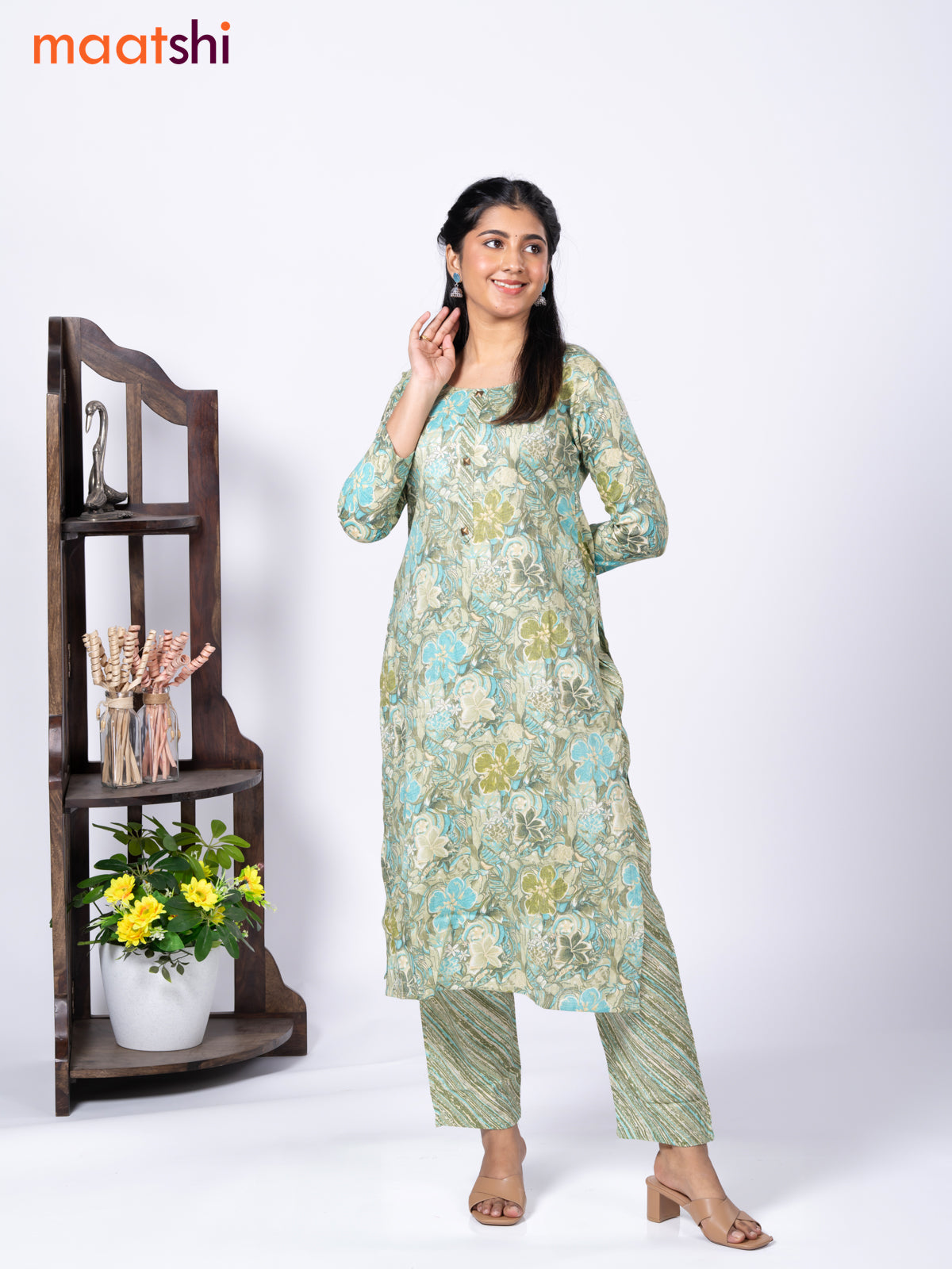 Rayon readymade kurti set pastel green and blue with allover floral prints & simple neck pattern and straight cut pant