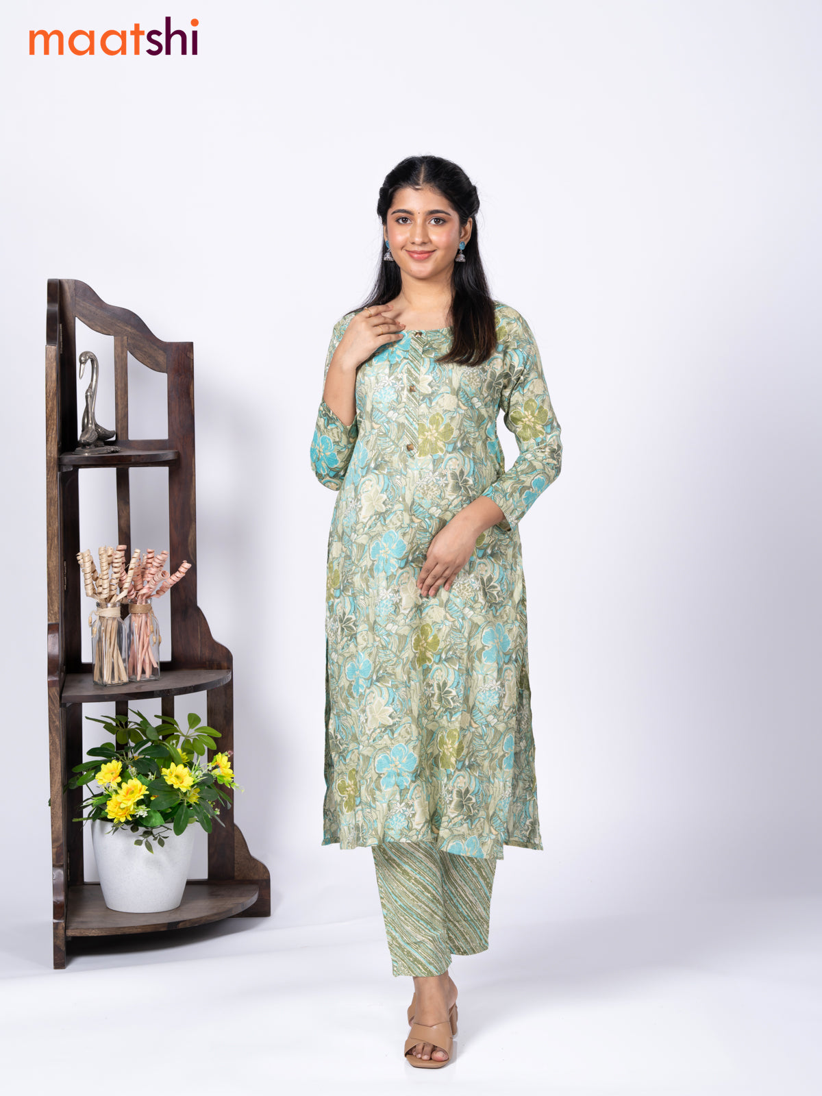 Rayon readymade kurti set pastel green and blue with allover floral prints & simple neck pattern and straight cut pant