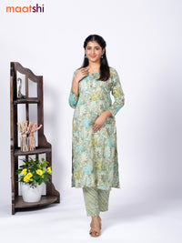 Rayon readymade kurti set pastel green and blue with allover floral prints & simple neck pattern and straight cut pant