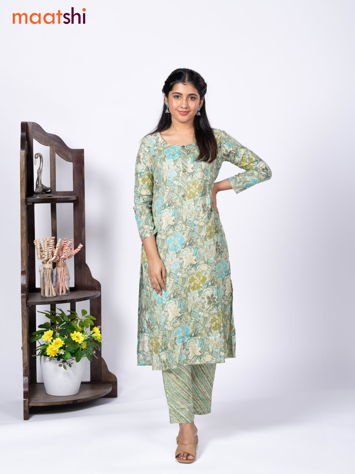 Rayon readymade kurti set pastel green and blue with allover floral prints & simple neck pattern and straight cut pant