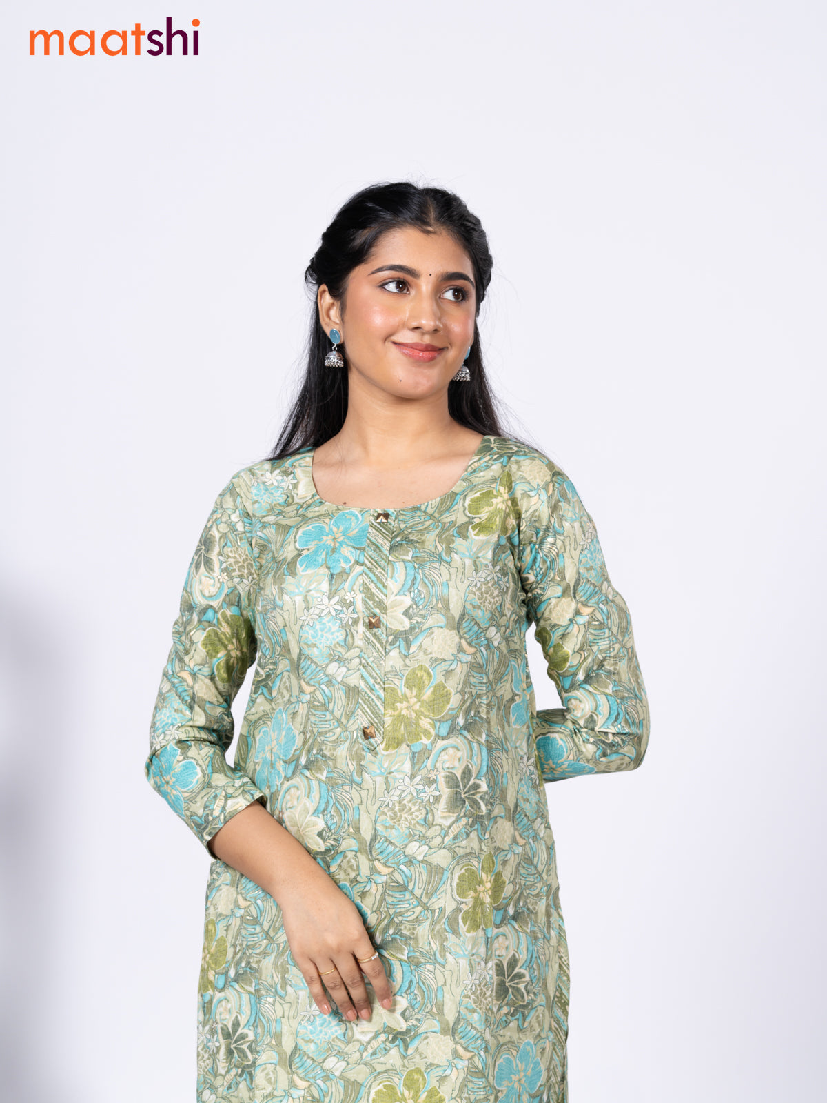 Rayon readymade kurti set pastel green and blue with allover floral prints & simple neck pattern and straight cut pant