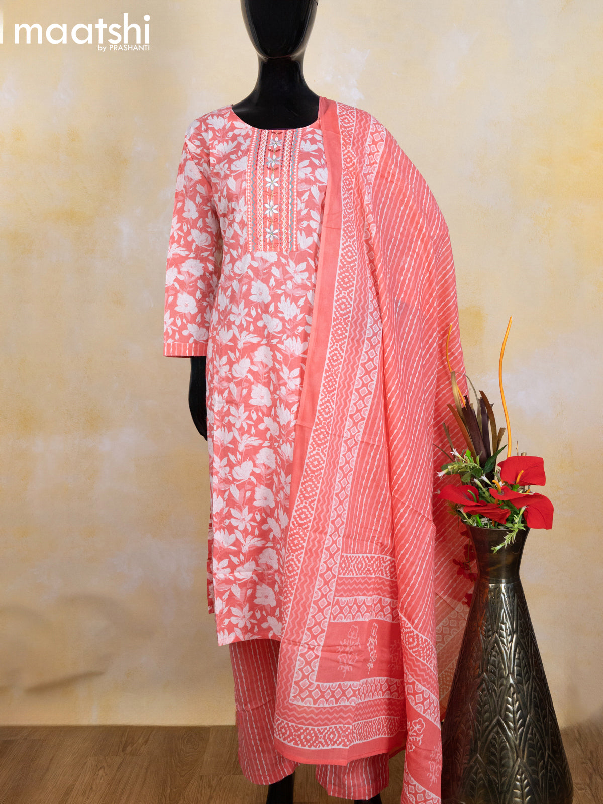 Cotton readymade salwar suit peach pink and off white with allover floral prints & embroidery work neck pattern and bottom & cotton dupatta