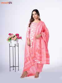 Cotton readymade salwar suit peach pink and off white with allover floral prints & embroidery work neck pattern and bottom & cotton dupatta