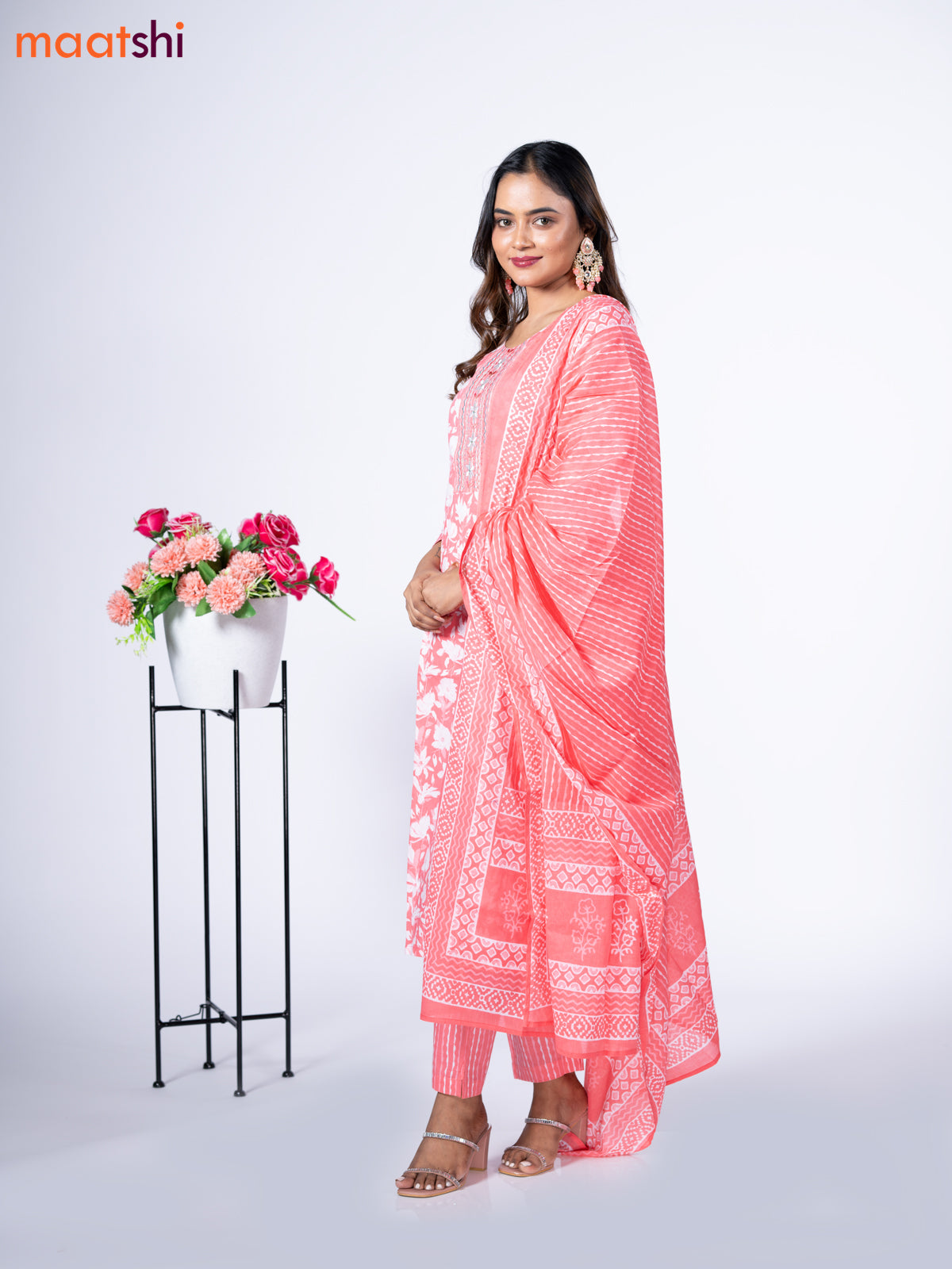 Cotton readymade salwar suit peach pink and off white with allover floral prints & embroidery work neck pattern and bottom & cotton dupatta