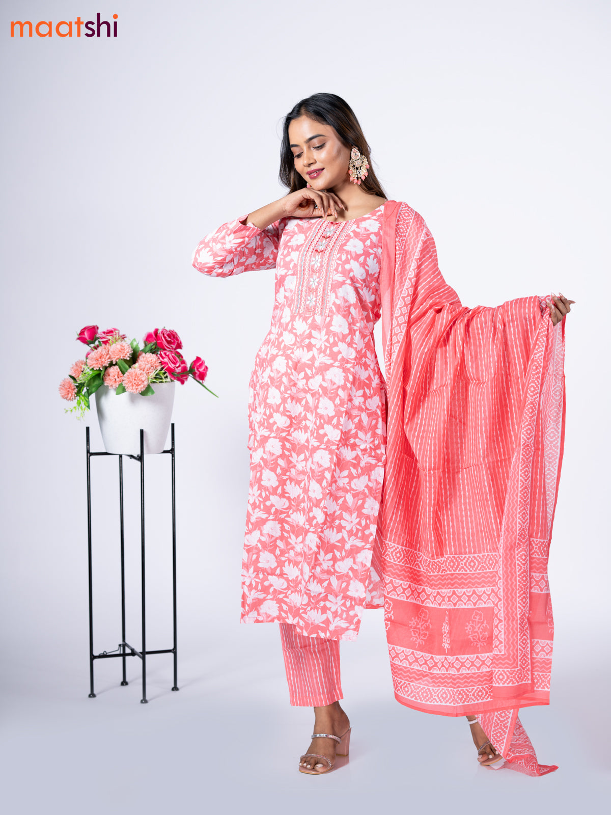 Cotton readymade salwar suit peach pink and off white with allover floral prints & embroidery work neck pattern and bottom & cotton dupatta