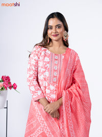 Cotton readymade salwar suit peach pink and off white with allover floral prints & embroidery work neck pattern and bottom & cotton dupatta