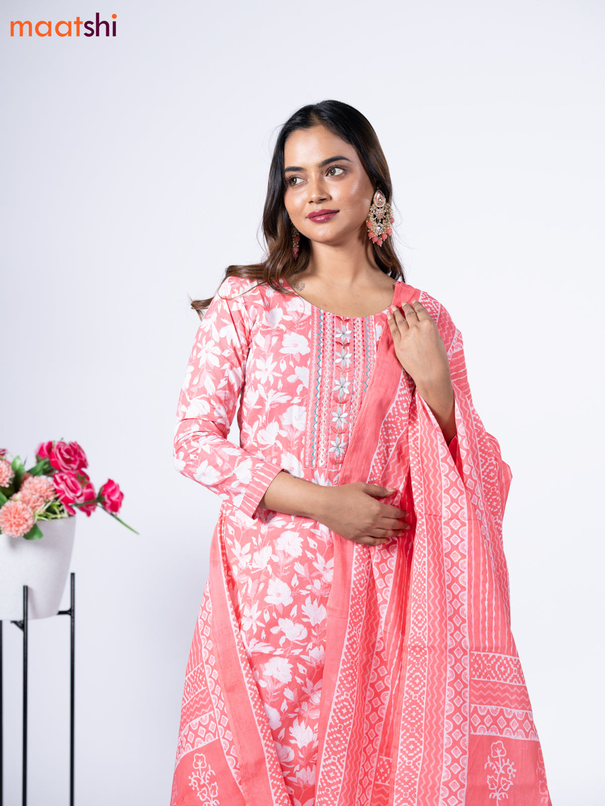 Cotton readymade salwar suit peach pink and off white with allover floral prints & embroidery work neck pattern and bottom & cotton dupatta