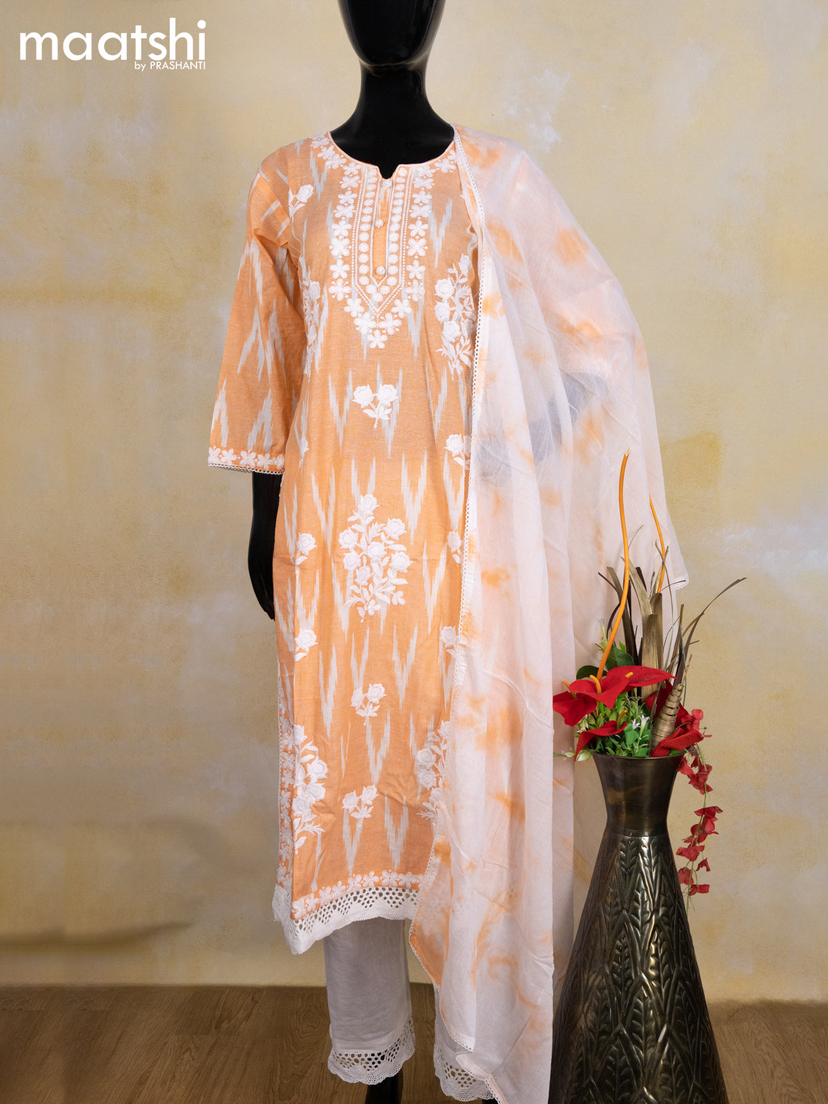 Cotton readymade salwar suit pale orange and off white with allover ikat weaves & embroidery work neck pattern and bottom & cotton dupatta