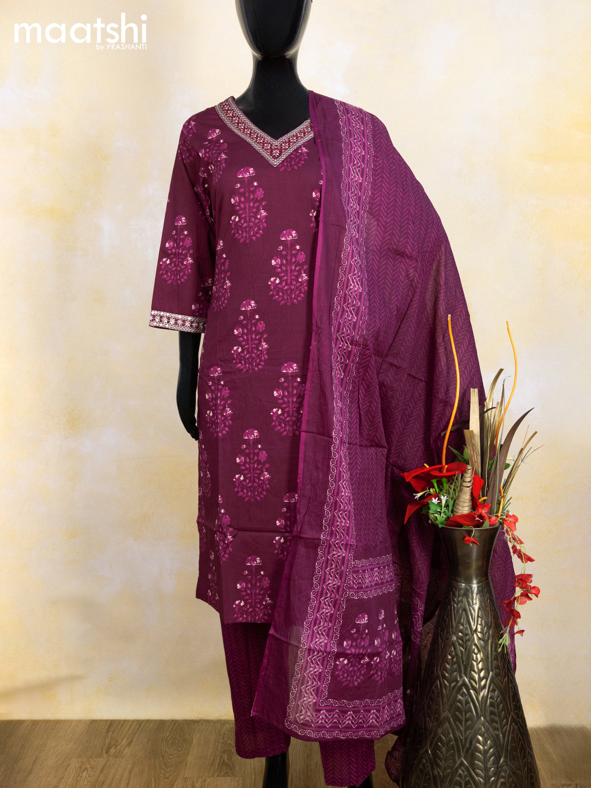 Cotton readymade salwar suit wine shade with allover butta prints & sequin mirror work v neck pattern and bottom & cotton dupatta