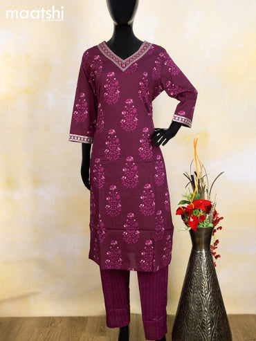 Cotton readymade salwar suit wine shade with allover butta prints & sequin mirror work v neck pattern and bottom & cotton dupatta