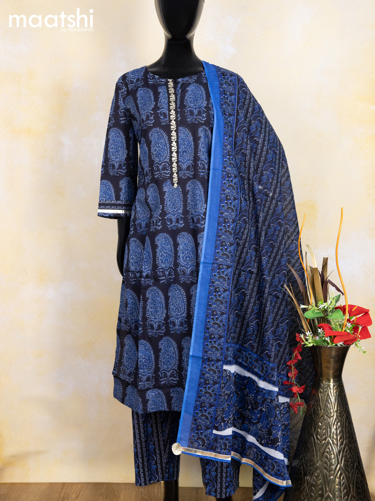 Cotton readymade salwar suit black and blue with allover paisley butta prints & embroidery work neck pattern and bottom & cotton dupatta