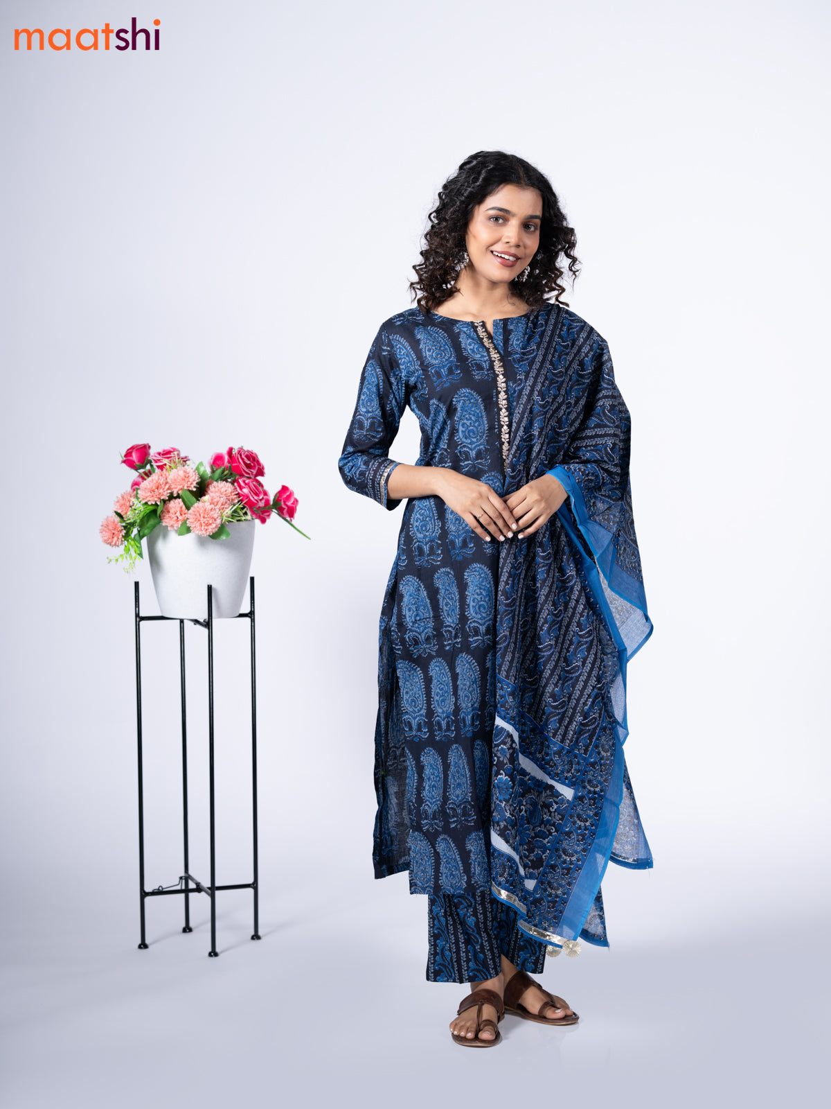 Cotton readymade salwar suit black and blue with allover paisley butta prints & embroidery work neck pattern and bottom & cotton dupatta