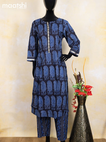 Cotton readymade salwar suit black and blue with allover paisley butta prints & embroidery work neck pattern and bottom & cotton dupatta