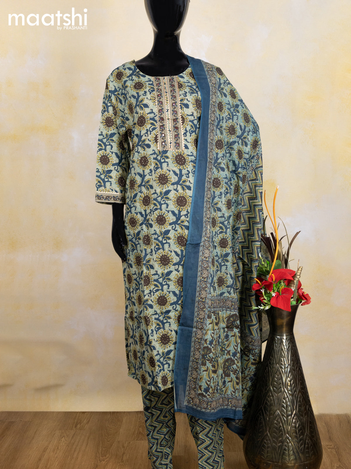 Cotton readymade salwar suit pastel green shade and peacock blue with allover floral prints & gota patti lace wok neck pattern and bottom & cotton dupatta