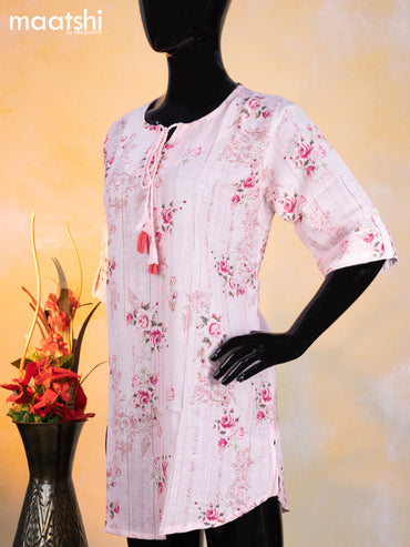 Cotton readymade short kurti baby pink with allover floral prints & simple neck pattern without pant