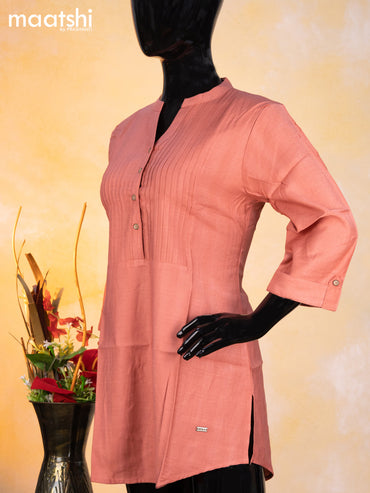 Rayon readymade short kurti pastel peach with plain body & simple neck pattern without pant