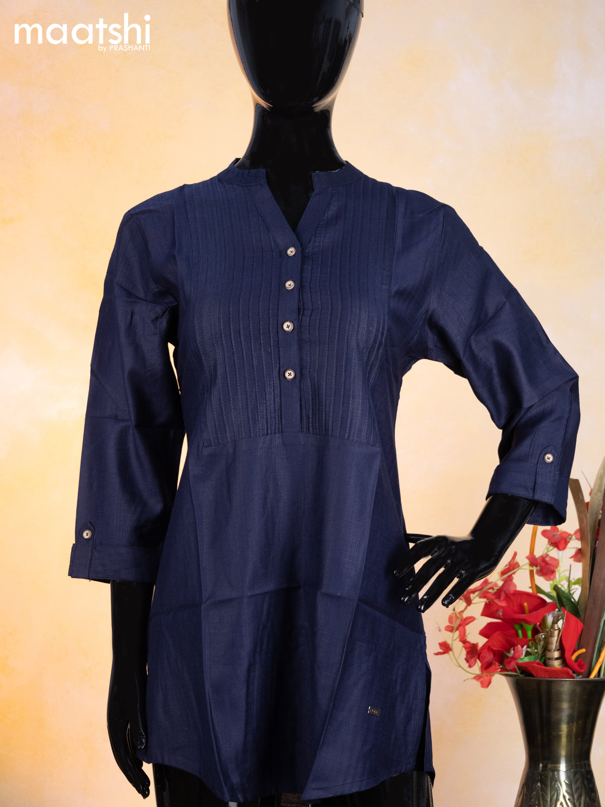 Rayon readymade short kurti navy blue with plain body & simple neck pattern without pant