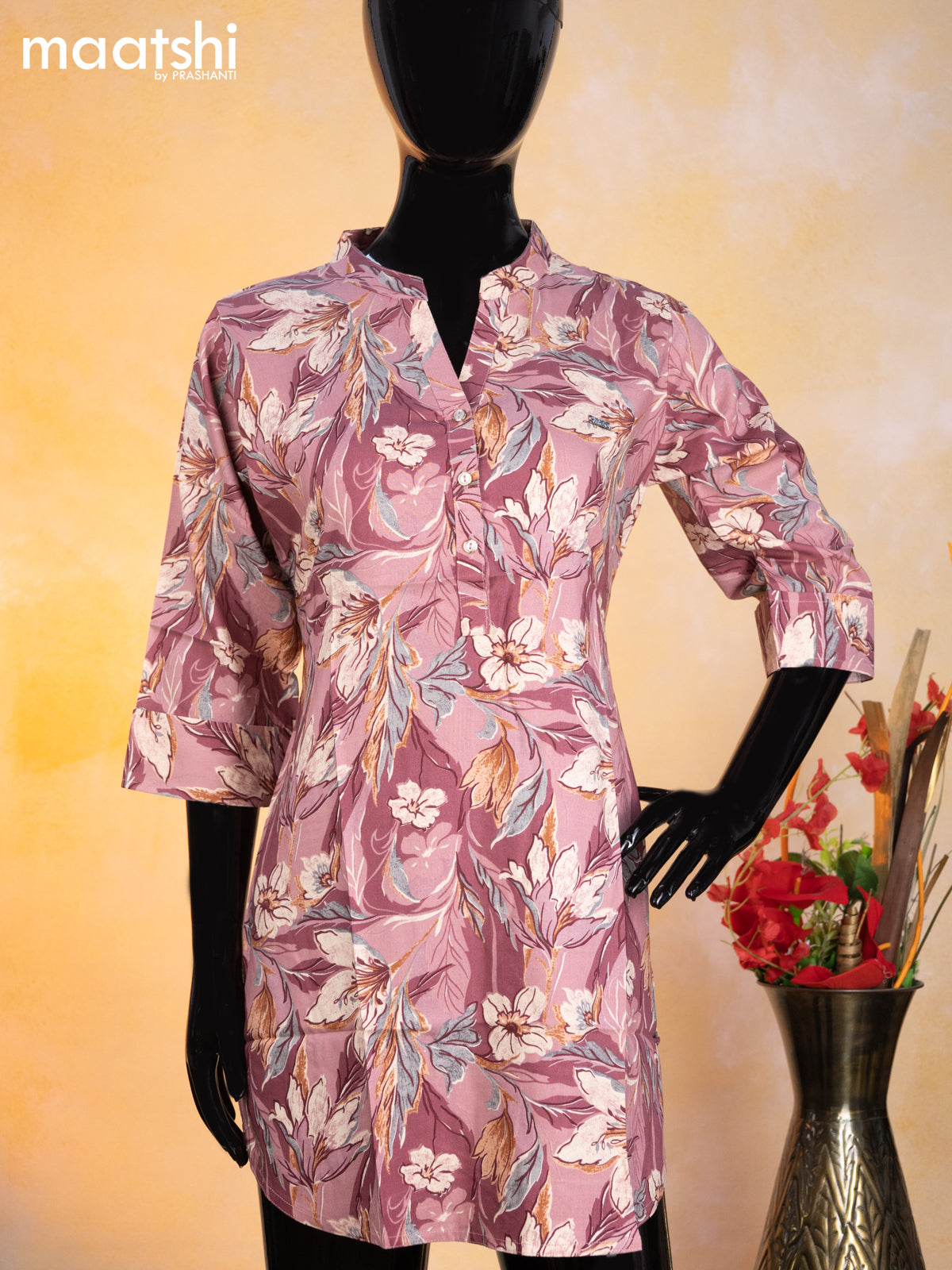 Cotton readymade short kurti mauve pink with allover floral prints & simple neck pattern without pant