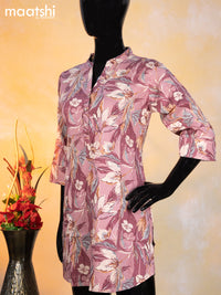 Cotton readymade short kurti mauve pink with allover floral prints & simple neck pattern without pant