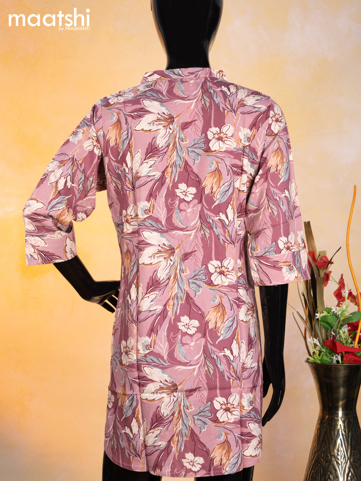 Cotton readymade short kurti mauve pink with allover floral prints & simple neck pattern without pant