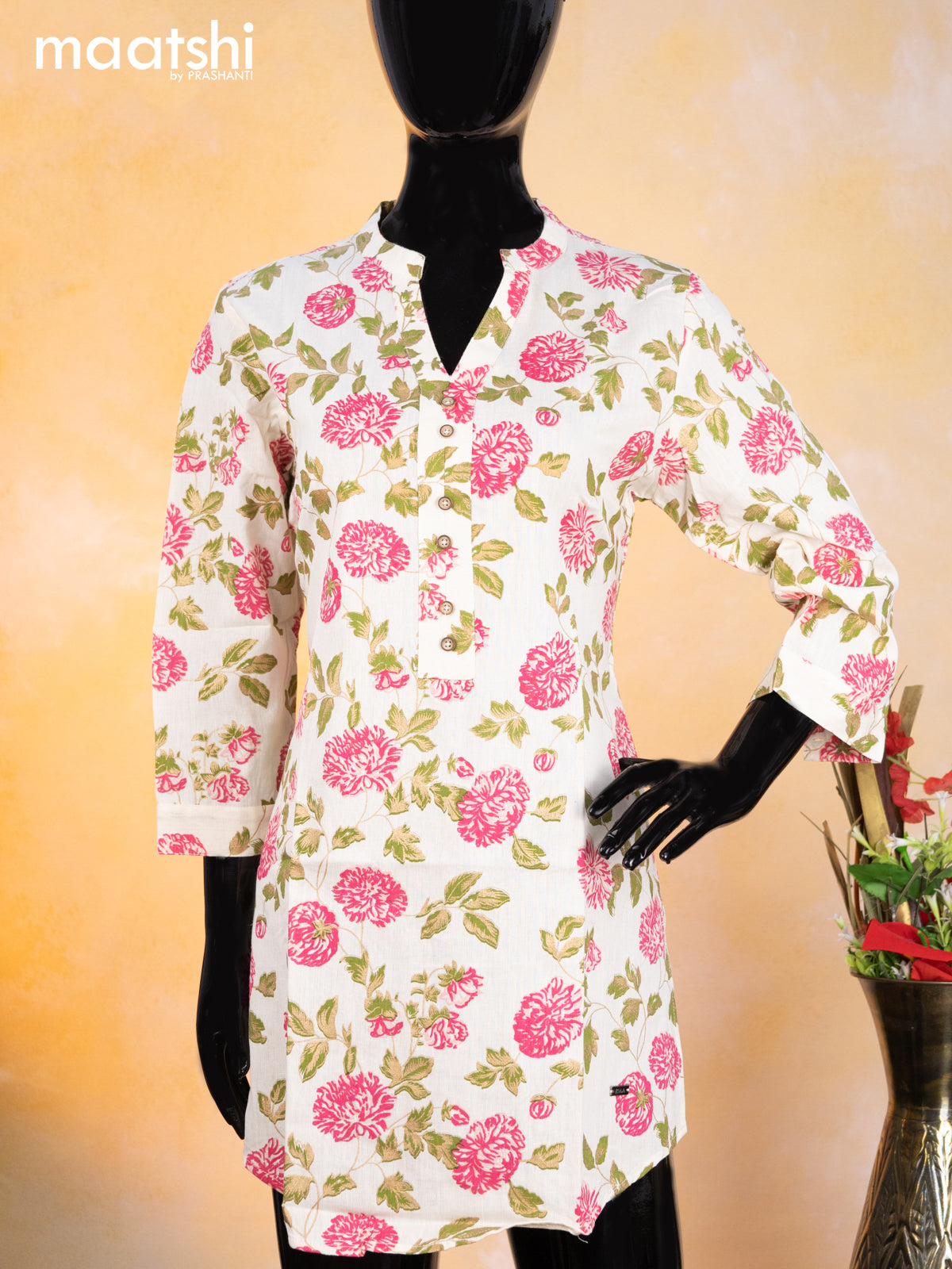 Cotton readymade short kurti cream and pink green with allover floral prints & simple neck pattern without pant