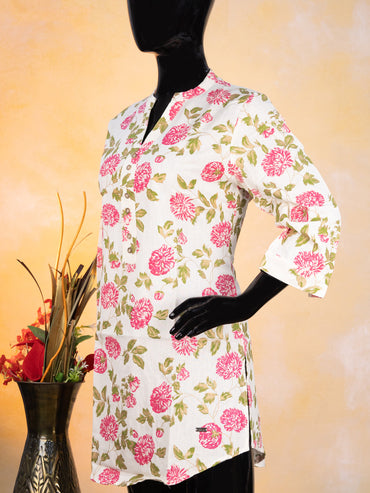 Cotton readymade short kurti cream and pink green with allover floral prints & simple neck pattern without pant