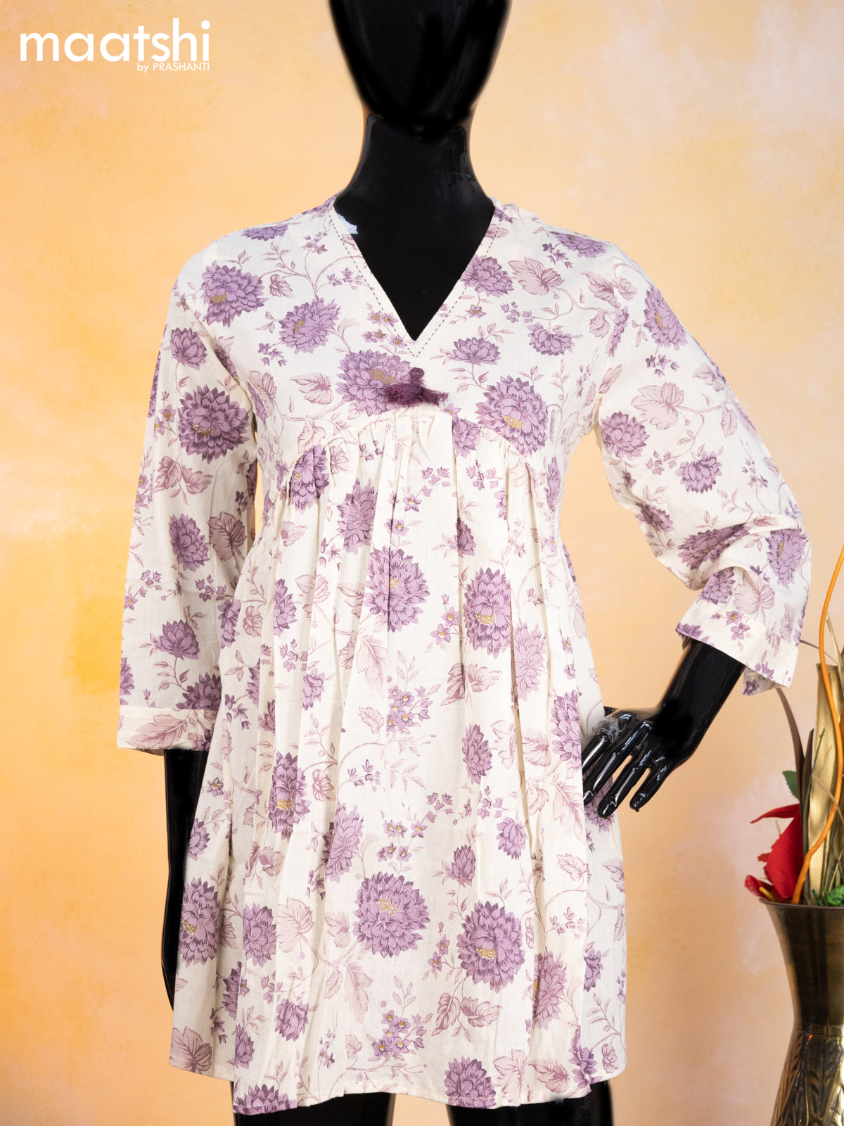 Cotton readymade short umbrella kurti cream and pastel purple with allover floral prints & alia cut neck pattern without pant