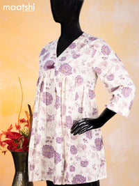 Cotton readymade short umbrella kurti cream and pastel purple with allover floral prints & alia cut neck pattern without pant