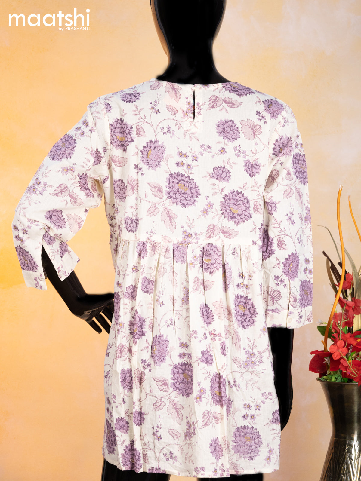 Cotton readymade short umbrella kurti cream and pastel purple with allover floral prints & alia cut neck pattern without pant