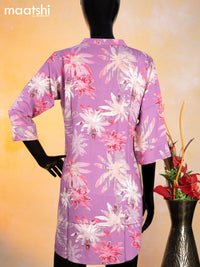 Cotton readymade short kurti lavender shade and multi colour with allover floral prints & simple neck pattern without pant