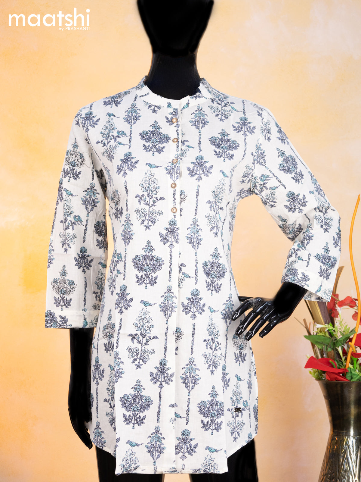 Cotton readymade short kurti cream and grey with allover butta prints & simple neck pattern without pant