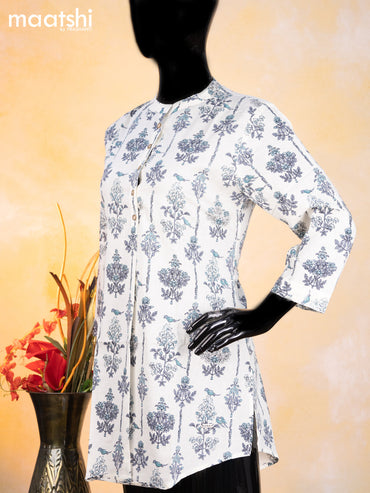 Cotton readymade short kurti cream and grey with allover butta prints & simple neck pattern without pant