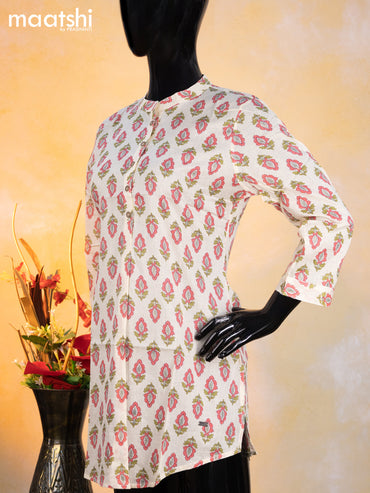 Cotton readymade short kurti cream and pink green with allover butta prints & simple neck pattern without pant