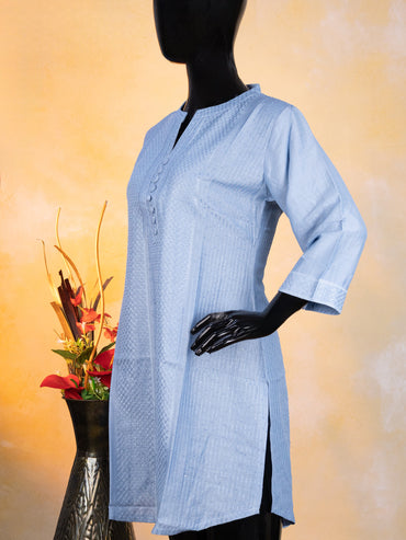 Rayon readymade short kurti pastel blue with allover embroidery work & simple neck pattern without pant