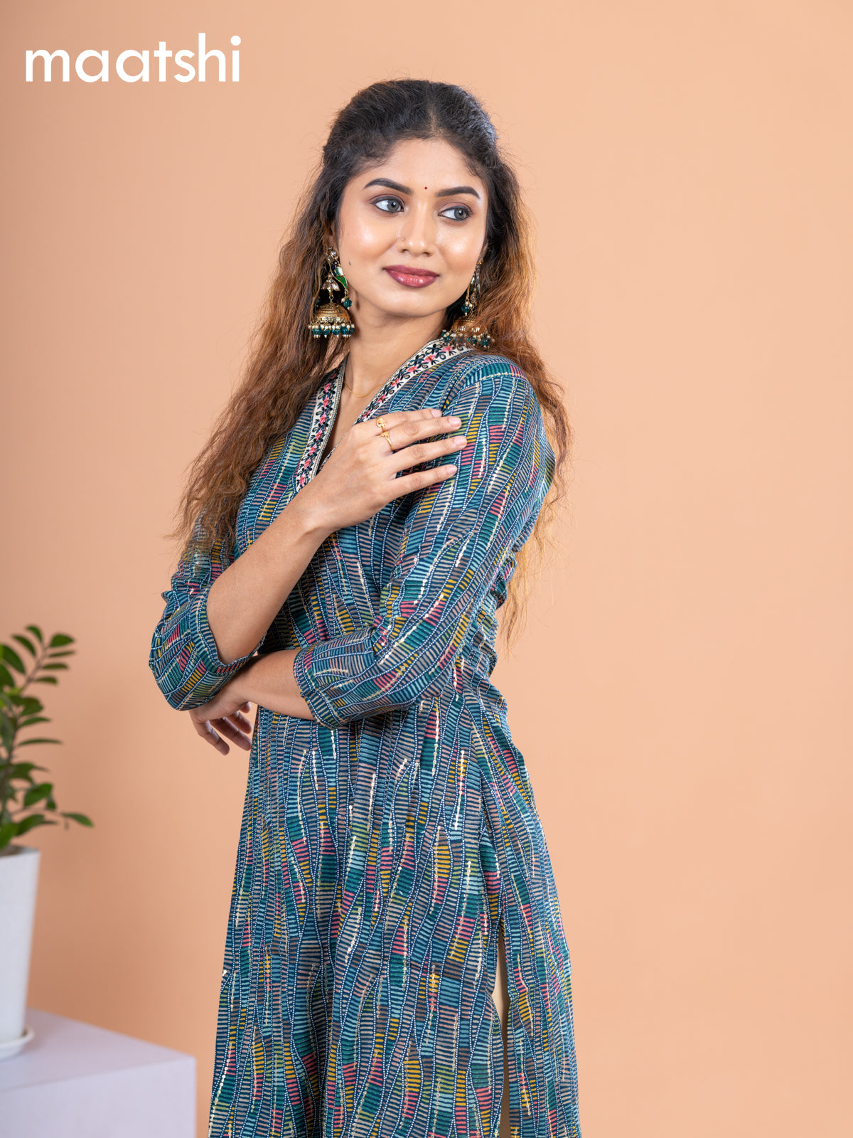 Cotton readymade kurti green shade and multi colour with allover prints & embroidery mirror work neck v pattern without pant