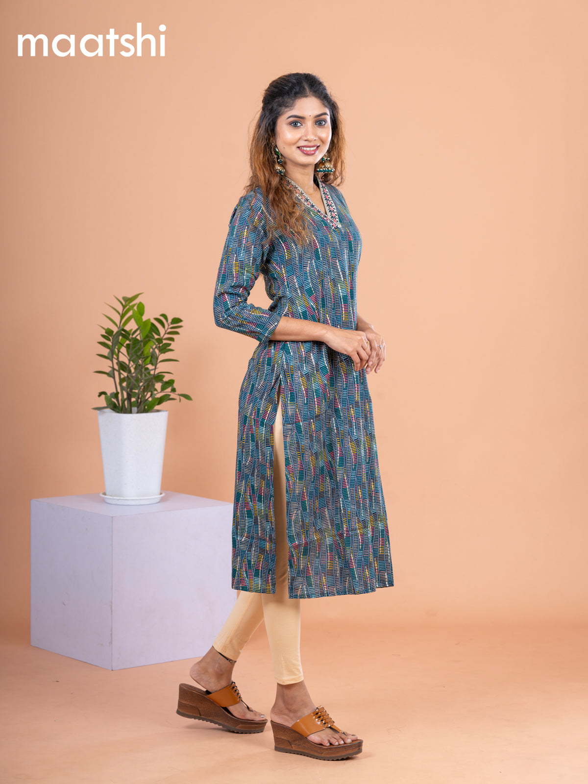 Cotton readymade kurti green shade and multi colour with allover prints & embroidery mirror work neck v pattern without pant