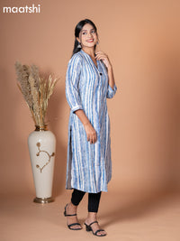 Rayon kurti blue and off white with allover prints & simple neck v pattern without pant