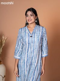 Rayon kurti blue and off white with allover prints & simple neck v pattern without pant