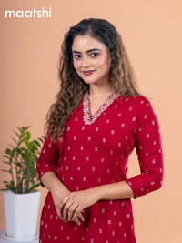 Cotton readymade kurti maroon with allover thread butta & embroidery work v neck pattern without pant