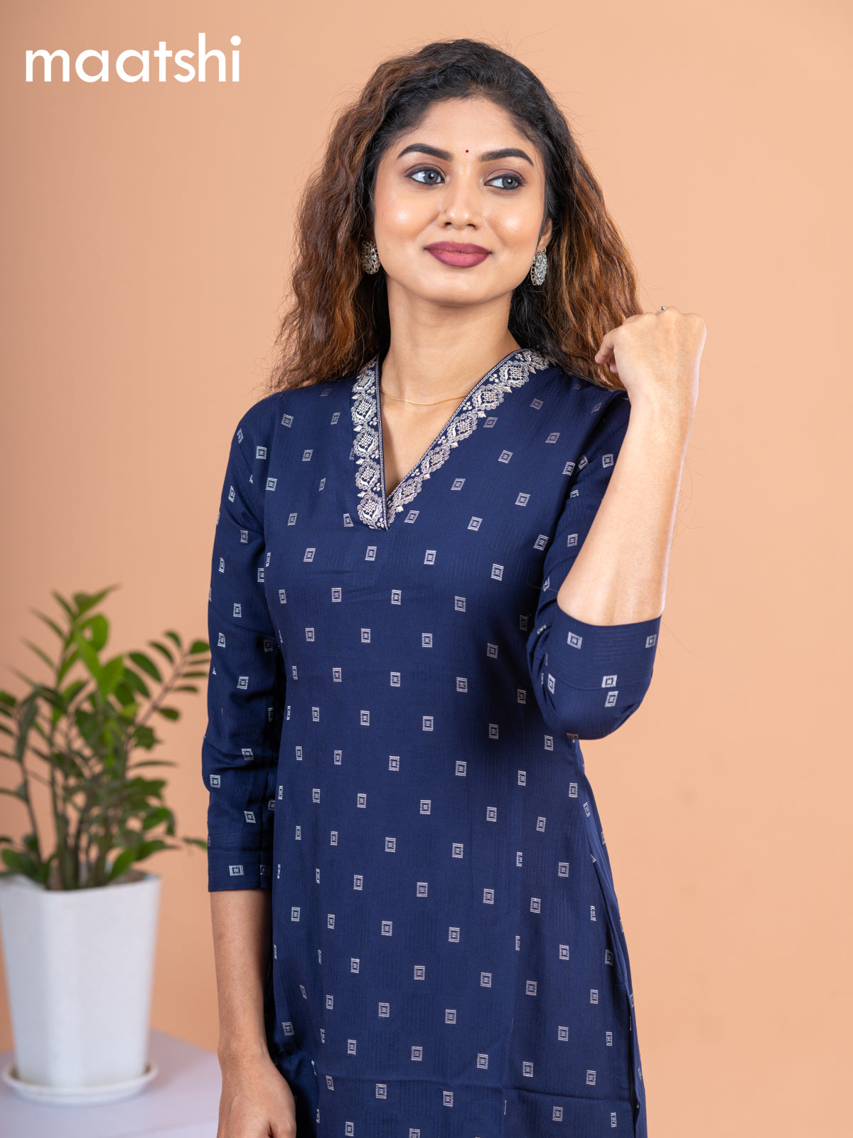 Cotton readymade kurti navy blue with allover thread butta & embroidery work v neck pattern without pant