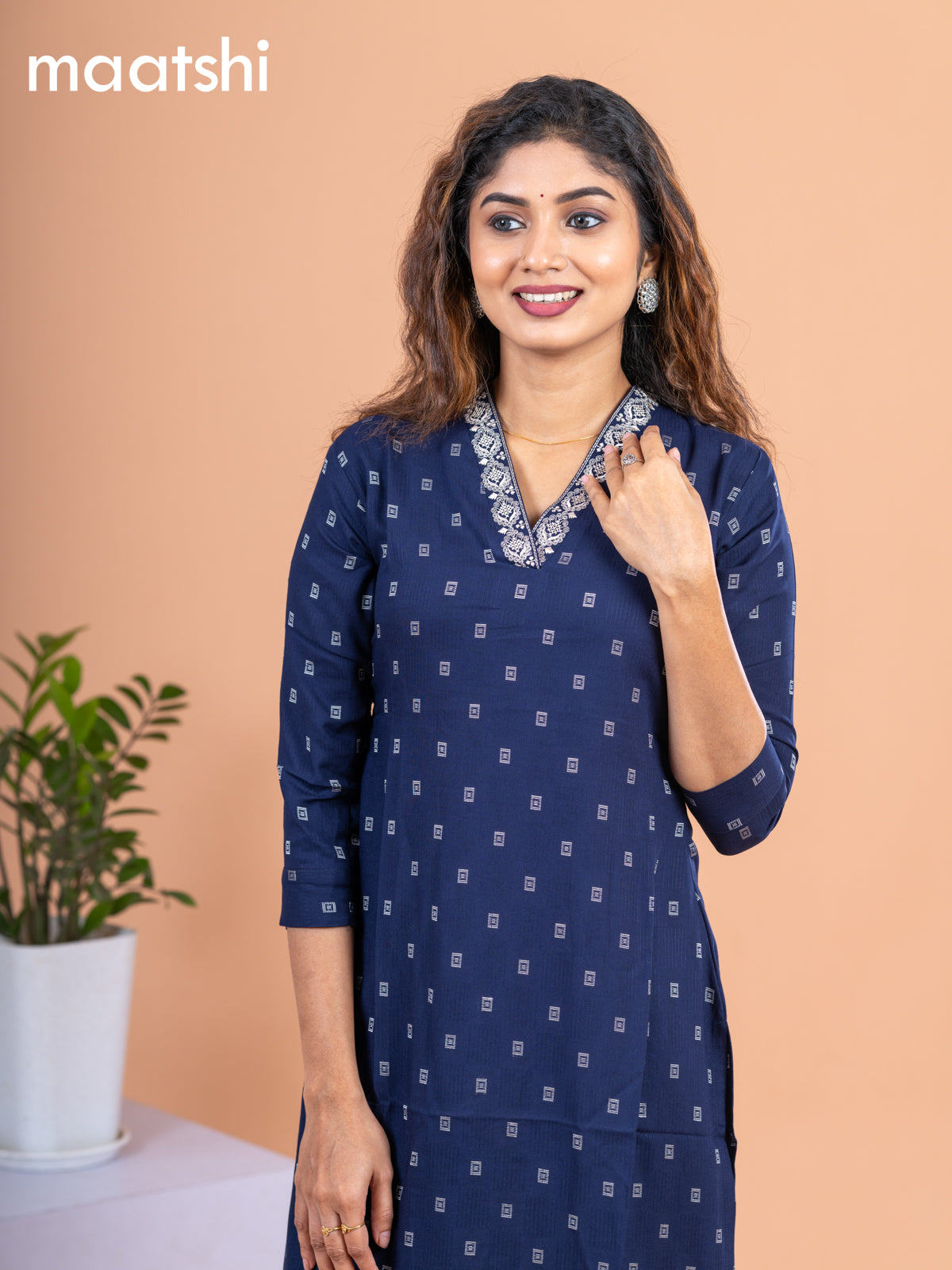 Cotton readymade kurti navy blue with allover thread butta & embroidery work v neck pattern without pant