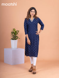 Cotton readymade kurti navy blue with allover thread butta & embroidery work v neck pattern without pant