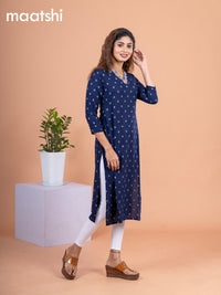 Cotton readymade kurti navy blue with allover thread butta & embroidery work v neck pattern without pant