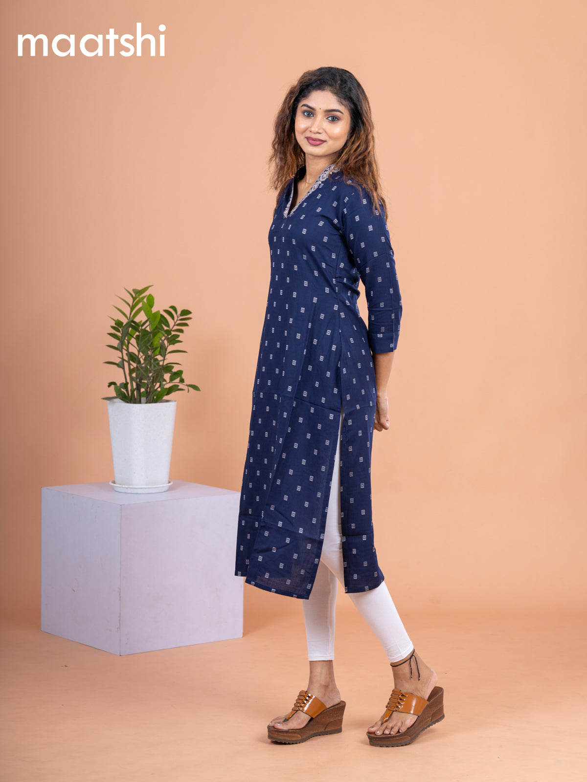 Cotton readymade kurti navy blue with allover thread butta & embroidery work v neck pattern without pant