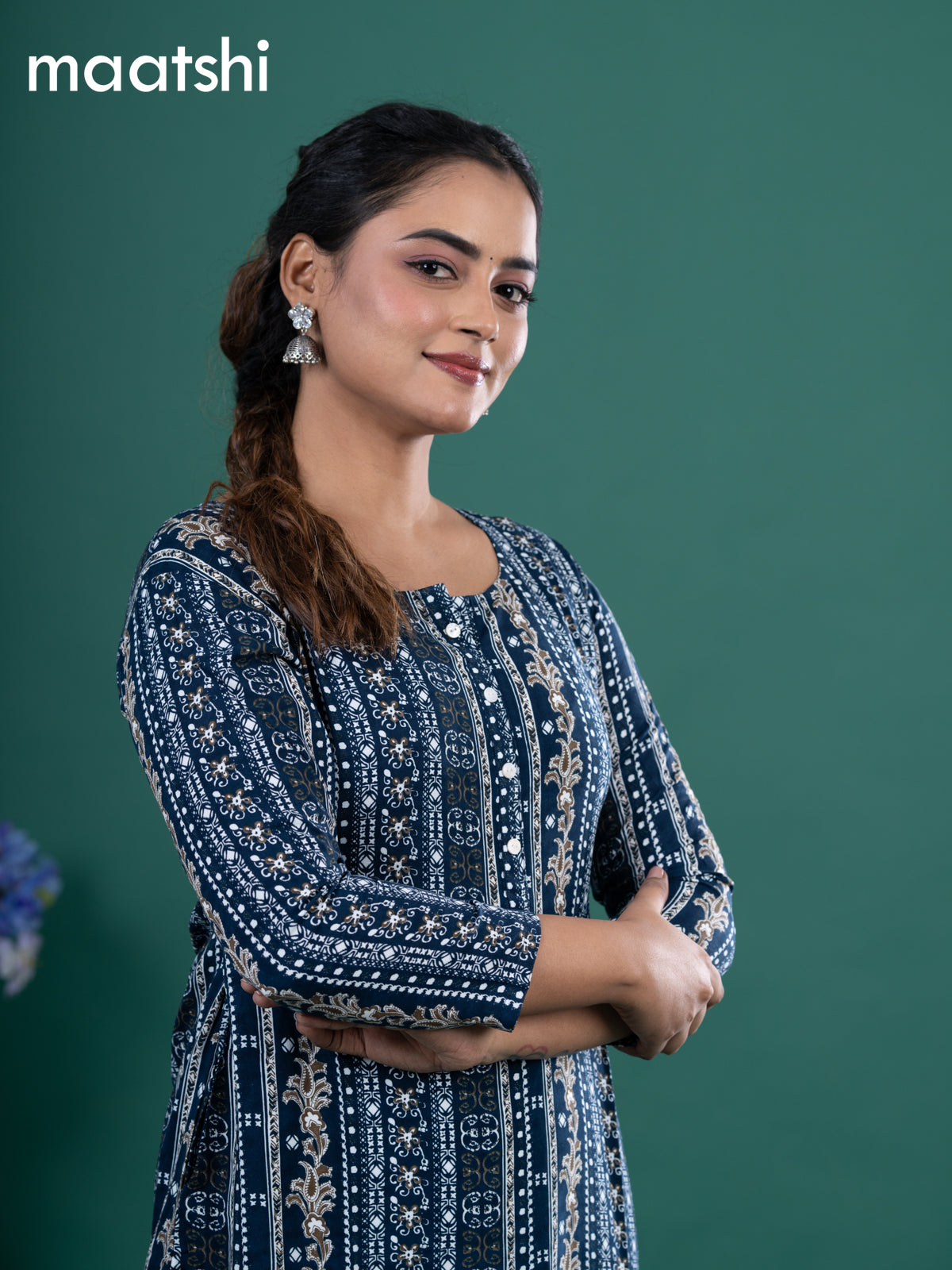 Cotton readymade kurti navy blue and off white with allover prints & simple neck pattern without pant