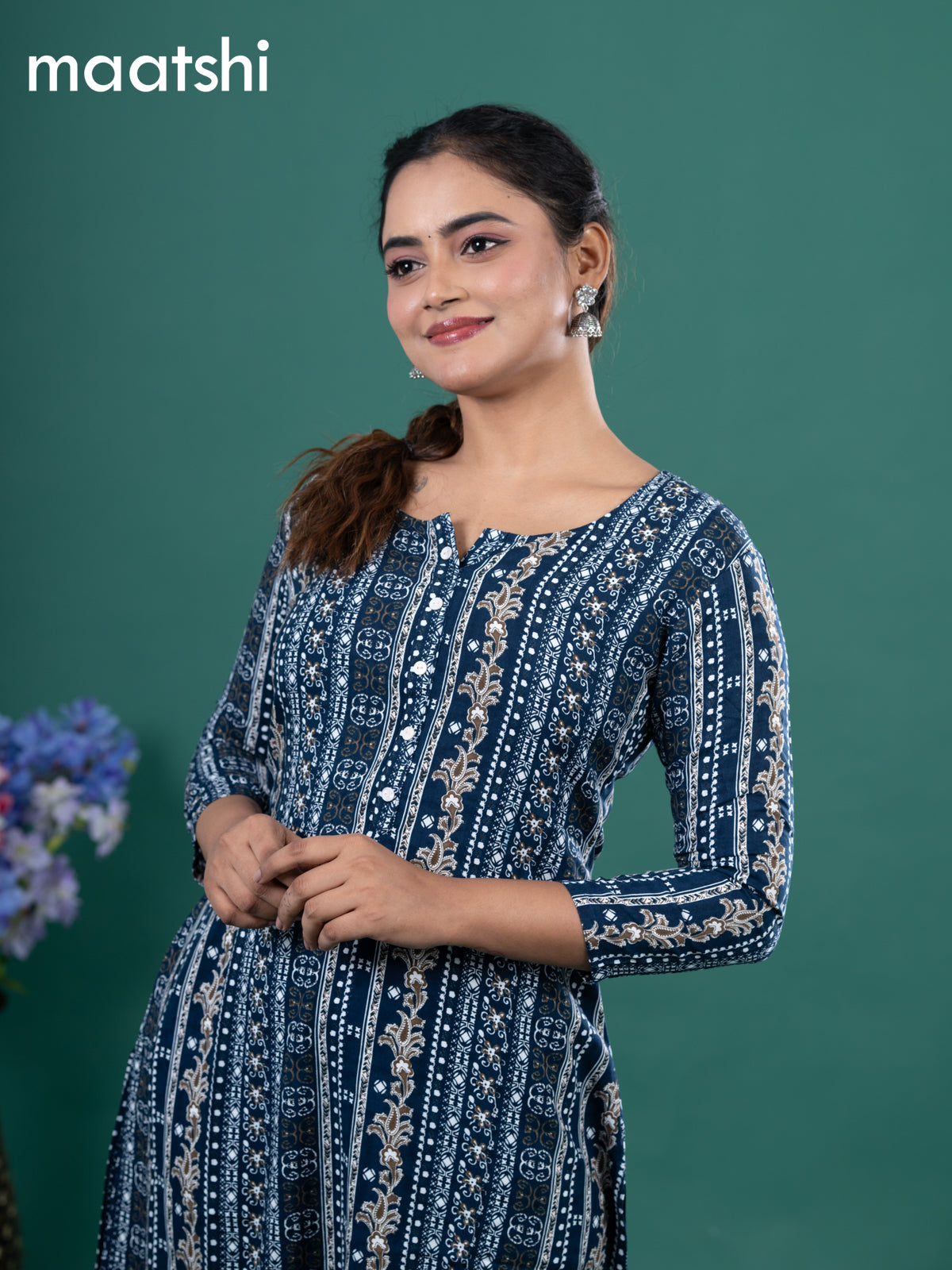 Cotton readymade kurti navy blue and off white with allover prints & simple neck pattern without pant