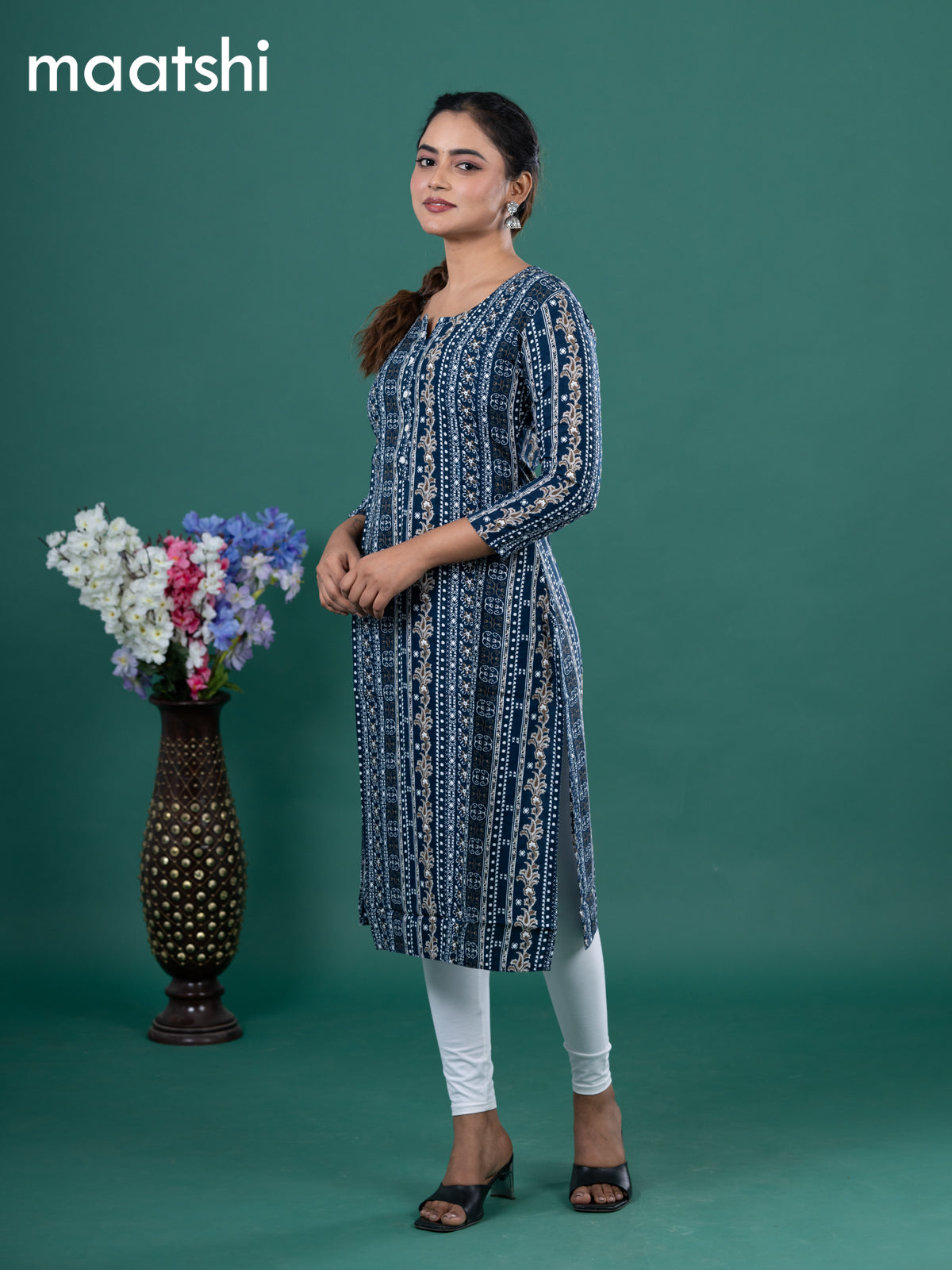 Cotton readymade kurti navy blue and off white with allover prints & simple neck pattern without pant