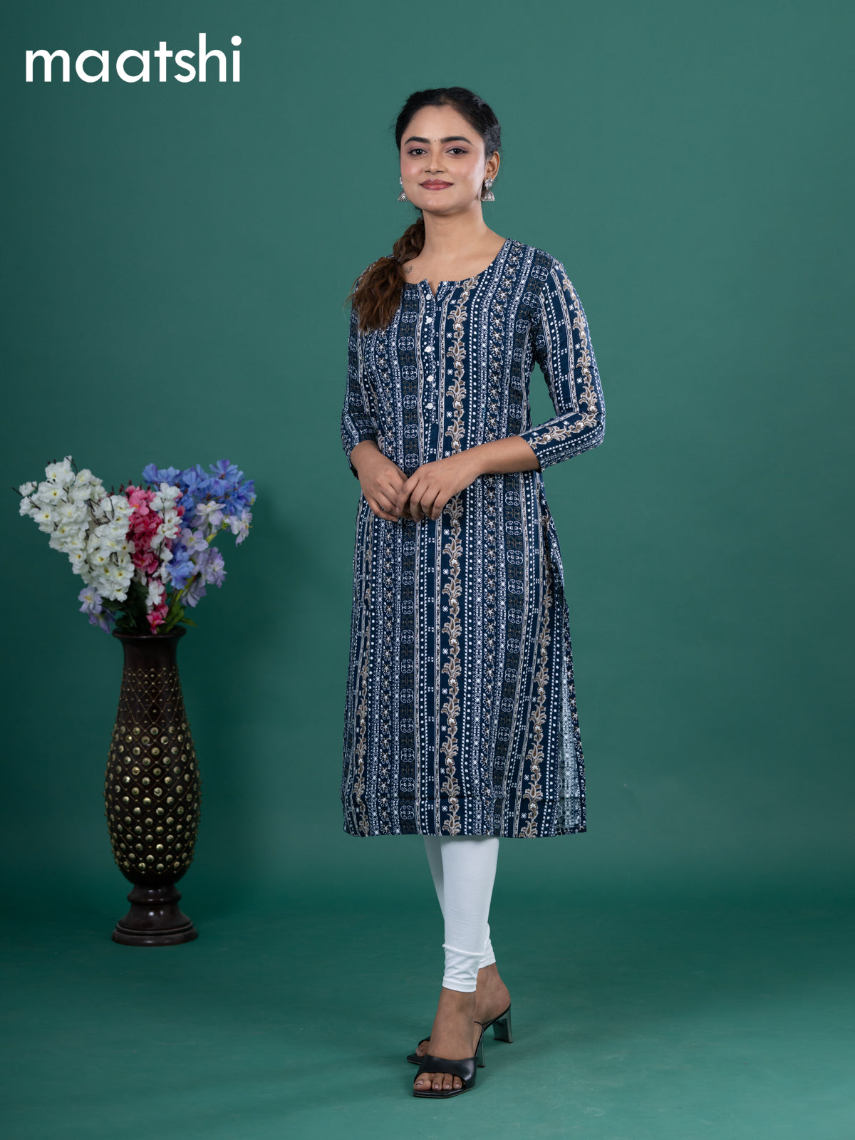 Cotton readymade kurti navy blue and off white with allover prints & simple neck pattern without pant